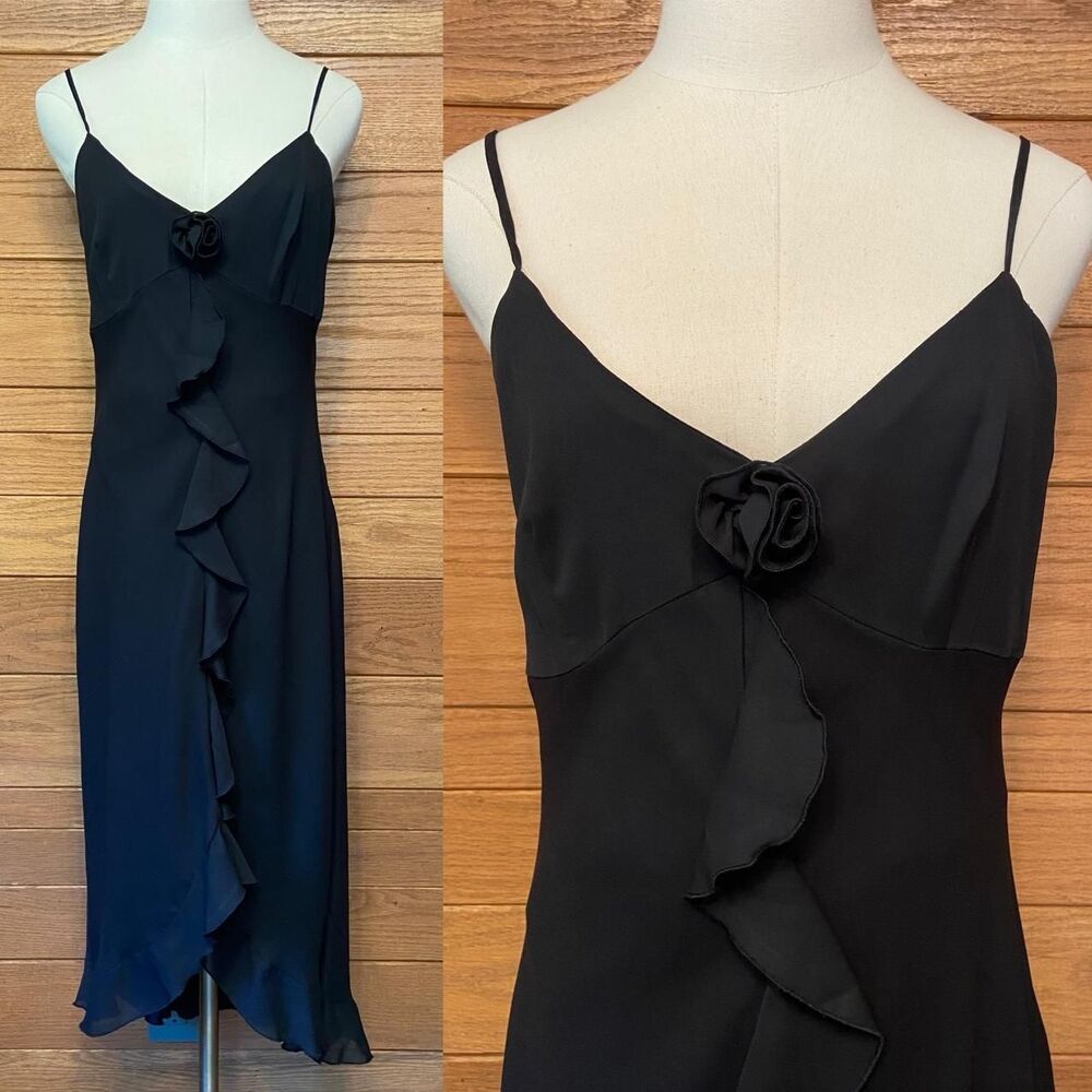 Vintage 90s Y2K Alyn Paige black floral rosette ruffle slip dress